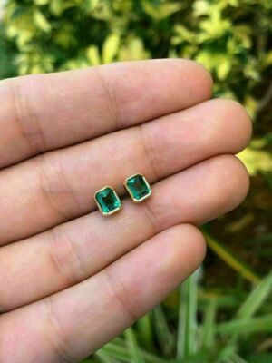 2.00 Ct Emerald Cut Green Emerald Bezel Set Stud Earrings 14k Yellow Gold Over-image