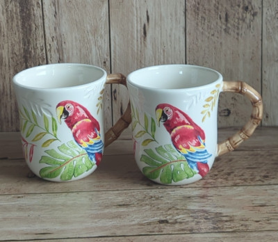 Pier 1 Imports Tropical Cabana Parrot Bird Bamboo Style Handle Cup Mug Lot of 2-image