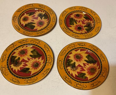Set Of 4 Pier 1 Imports Sunflower Salad Plates Hand Painted Terracotta 8.25”-image