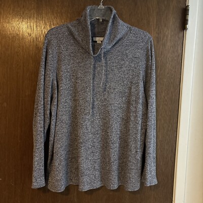 J. Jill Size Large Cowl Neck Drawstring Pullover Marled Blue Ribbed Pullover-image