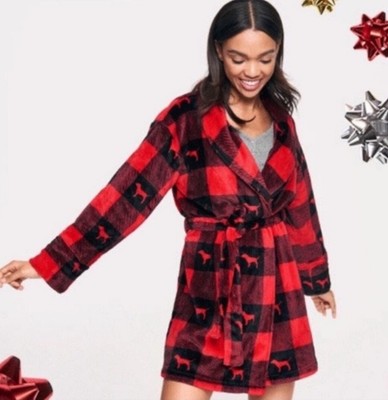 Victoria’s Secret PINK Black & Red Dogs Plush Fleece Tie Robe sz M-L EUC-image