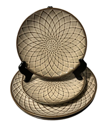 Pier 1 Stoneware Plates Set Reactive Brown Mandala Kaleidoscope 2-Dinner 2-Salad-image