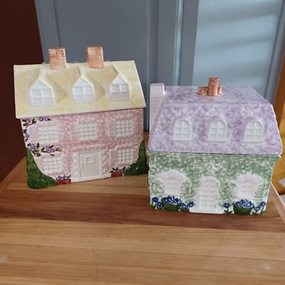 Pier 1 Hand Painted Cookie Jar House Set Design Yellow & Pink Pastel Colors-image
