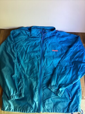 Vintage 90s REEBOK Hooded Windbreaker Oversized Jacket M Lightweight Teal/Neon-image