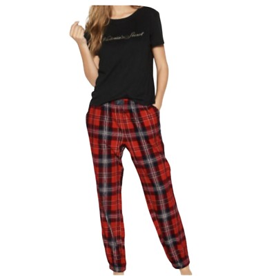 VS M Plaid Pajama Pants Red Black White Checkered Jogger Lounge Bottoms-image