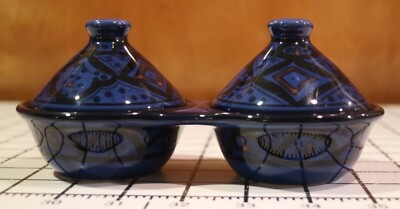 Pottery Barn Kasara Sapphire Salt & Pepper Ceramic Blue Mosaic Cellar w/ Lids-image