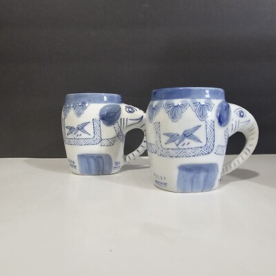 Vintage Pier One Imports Blue and White Good Luck Elephant Mugs Set of 2-image