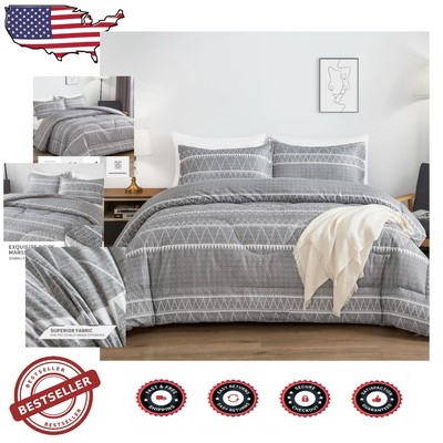 Geometric Striped Grey Comforter Set - Cozy 3 Piece Bedding for Full Size Beds-image