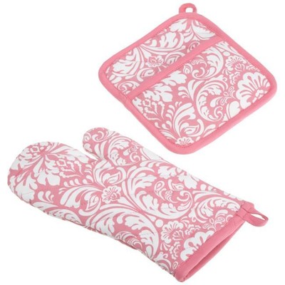 Design Imports CAMZ74202 Pink Damask Oven Mitt & Potholder Set-image
