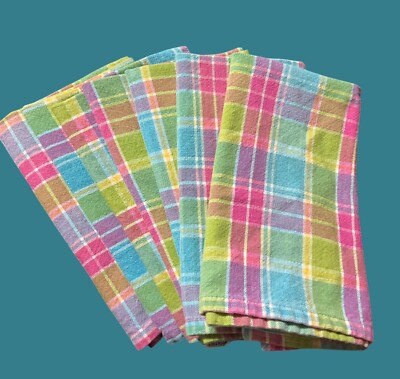 Design Imports India Set Of 6 Cloth Dinner Napkins 18” X 18” Spring Plaid 1996-image