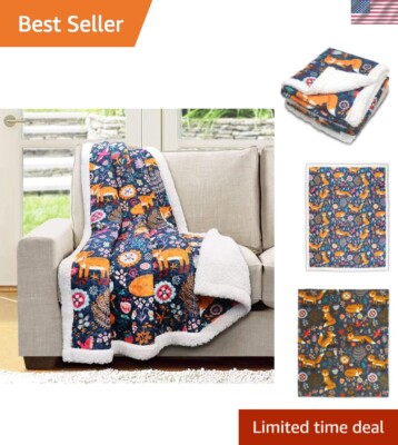 Pixie Fox Kids Blanket - Reversible Sherpa Throw 50” x 60” for Cozy Comfort-image