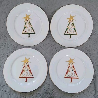 4 Pier 1 Imports Christmas Tree Holiday Party Dessert Plates Set Red Green Gold-image