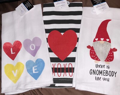 Kitchen Tea Towels Set of 3 - Love, Gnome & Hearts  -  Plus Bonus - New-image
