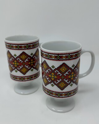 VTG Set Delta Import Chicago Porcelain Geometric Cross Stitch Pattern  2 Mugs-image