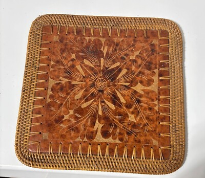 Vtg Pier 1 Rattan Tile Trivet Embossed Floral Design Hot Plate Boho Kitchen Deco-image