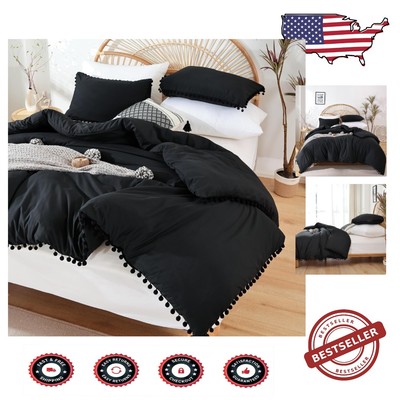 All-Season Full Size Comforter Set - Soft Microfiber & Pom Fringe Elegance-image