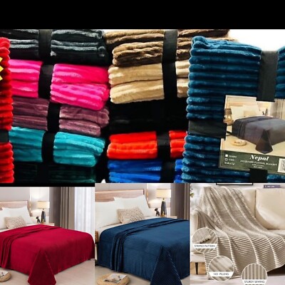 SOLID flannel Blanket Soft lightweight Stripe,3D Ribbed Jacquard Q & K size-image