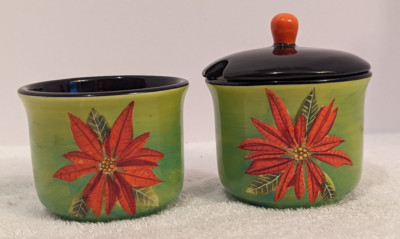 Henriksen Imports Naylor Designs Hand Painted Poinsettia Green Sugar Bowl Set-image