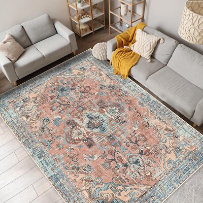 Washable Boho Vintage Area Rugs 5×7 Traditional Peach and Blue Large Carpet-image