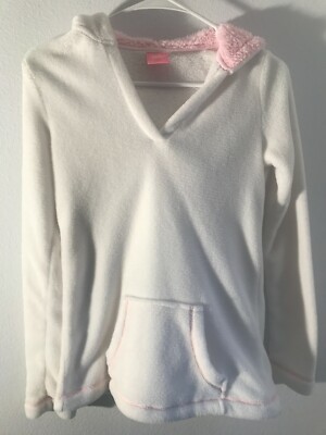 Jenni Intimates Fuzzy Soft Fleece Lounge Hoodie, White with Pink Trim, Size XS-image