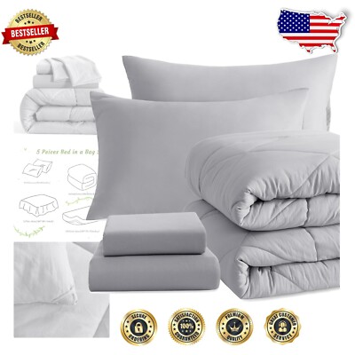 5-Piece Light Grey Twin Comforter Set - Soft Microfiber Bedding for All Seasons-image