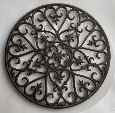 Cast Iron Circular Outdoor Wall  Decorative Trivet Ornate Heart Design Round 17”-image