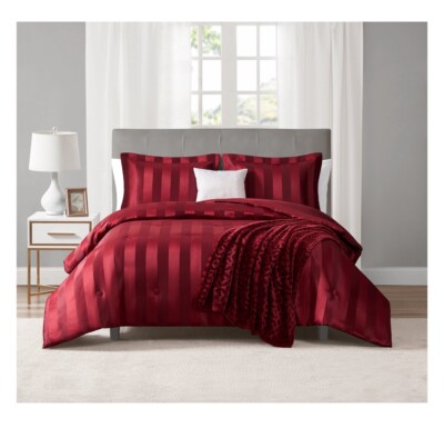 5 Piece Full / Queen Size Red Damask Stripe Comforter Set Bedding Bedspread-image