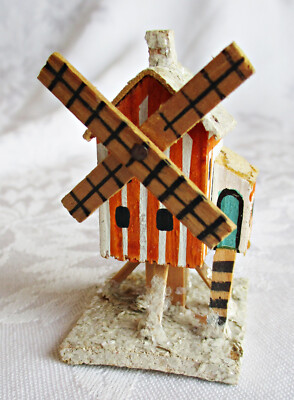 Vintage Erzgebirge putz village minature wood windmill house w/ mica accents-image