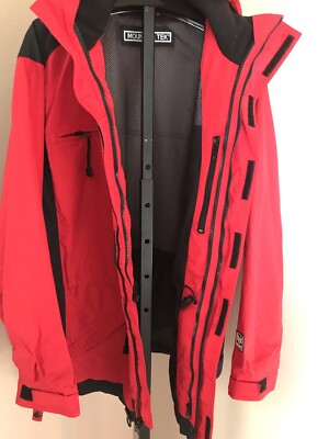 Mens VINTAGE NyLON Mountain Tek Jacket Hooded Windbreaker Ski Jacket RED Sz L-image