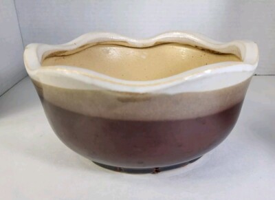 AAA Imports Pottery Planter Brown White Tan Round Scalloped 4” x 8 ¼” Flower Pot-image