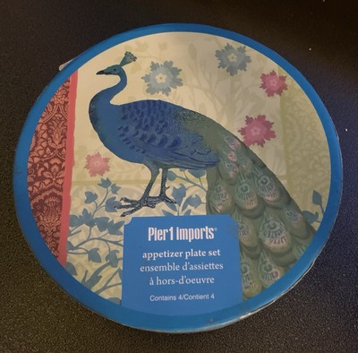 (4) Pier 1 Imports~Peacock Design/Silver Foil Backing~6” Appetizer Plates~Boxed-image