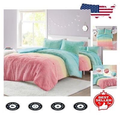 Vibrant Aqua Multi Ombre Faux Fur Bedding Set, Cozy Full/Queen Comforter + Shams-image