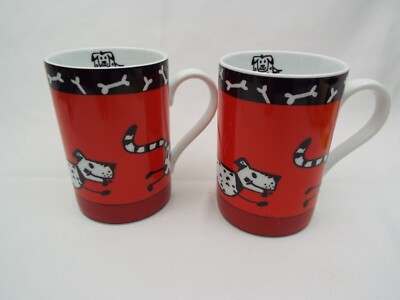 Set Of 2 Pier 1 Imports Red & Black Porcelain Mugs With Dalmatian Dog Design-image
