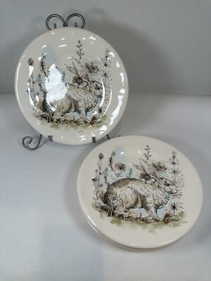 Set of 4 - Pier 1 Bunny Rabbit Floral Plate Soft Watercolor Spring Summer 8.75