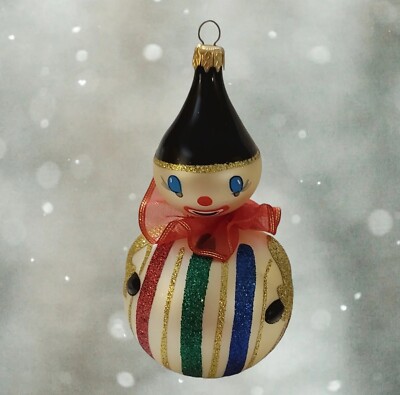 SOLD ----Pier1 Imports Vintage European glass hand painted clown signed ornament-image