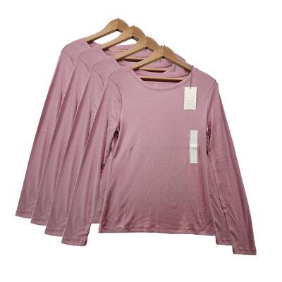 Womens Long Sleeve T Shirt Solid Stretch Top Ribbed Knit Pink 4 Pack Size Medium-image