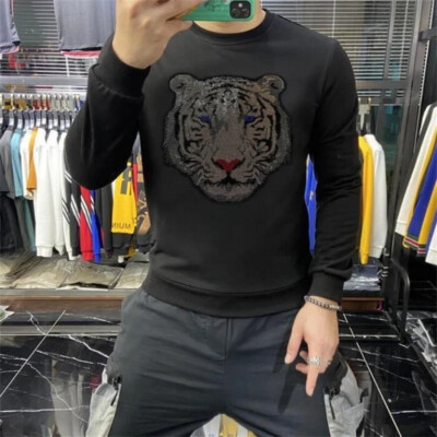 New Fashion Men Tiger Trend Rhinestones Velvet Winter Warm Sweatshirt Hoodie-image