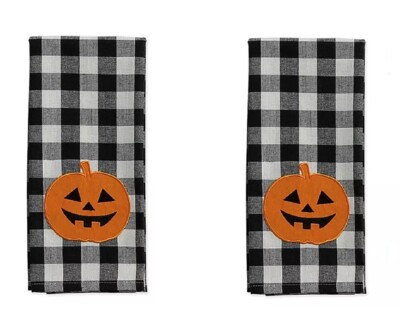 Set of 2 Appliqued Jack-o-Lantern Fall Halloween Kitchen Towel Black White Check-image
