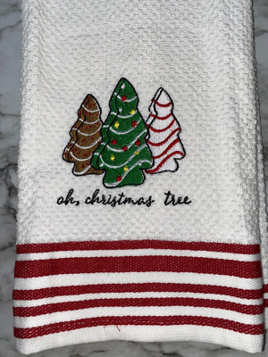 Embroidered Striped  Kitchen Hand Towel Oh Christmas Tree with Tree Cakes BS2936-image