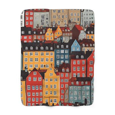 Cozy Sherpa Fleece Blanket, Copenhagen Denmark Inspired Colorful Buildings -image