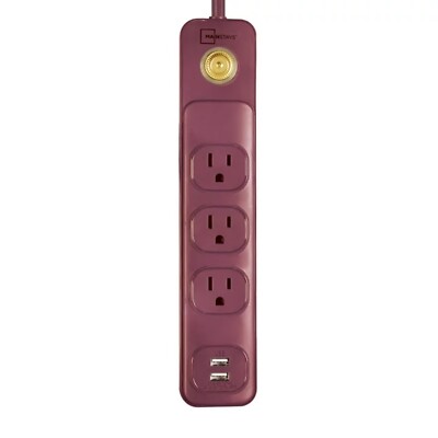 Mainstays 6' 14/3 SJT 3-Outlet Red Burgundy Retro Design Power Strip W/ 2 USB Po-image
