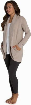 Barefoot Dreams L Chenille CozyChic Lite Cardigan Tan Taupe Shawl Collar Pockets-image