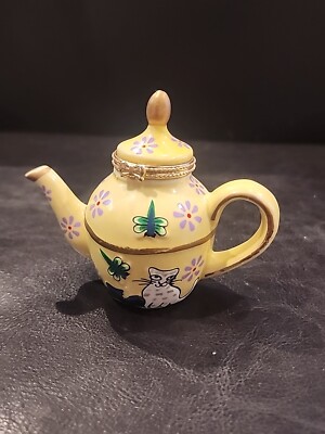 Pier 1 Imports Cat & Dragonfly Teapot Trinket Box Yellow Blue Green Gold-image