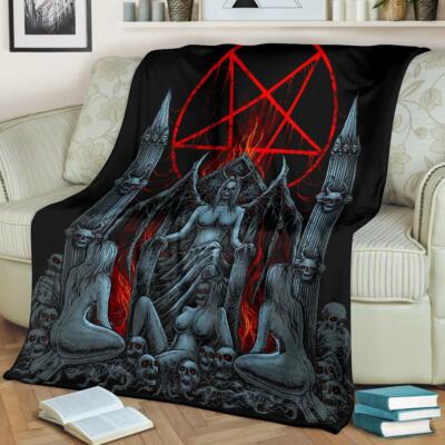 Skull Satanic Pentagram Flame Lust Throne Blanket Color Version-image