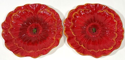 Pier 1 Imports Poppies Poppy 8” Red Flower Salad Plate Hand Painted Earthenware-image