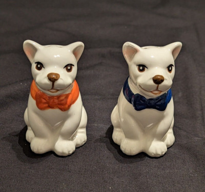 French Bulldog Ceramic Salt and Pepper Shakers w/ Red & Blue Bow Ties-image