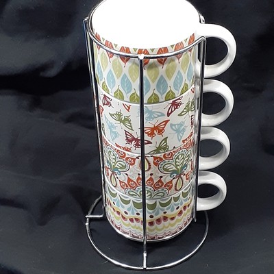 Pier 1 Imports 4 Pc Stackable Mug Set and Stand Butterrflies and Leaves Design-image