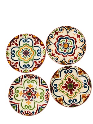 Pier 1 Imports Ironstone Global Medallion 6” Round Plates Boho Look (Set Of 4)-image