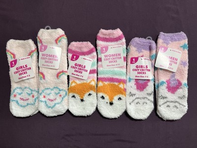 Cozy Critter Socks Fuzzy 3 Matching Pairs Shoe Size Women's 4-11 Kids 7-3 NWT-image