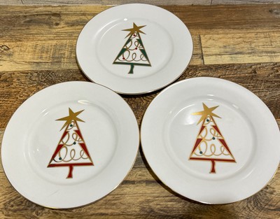 3 Pier 1 Christmas Tree Holiday Plates Dessert Salad Green Red Gold Rim Star-image